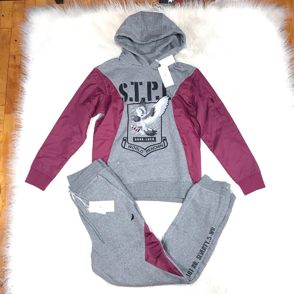 STAPLE PIGEON HOODED SWEATSUIT GREY / BURGUNDY